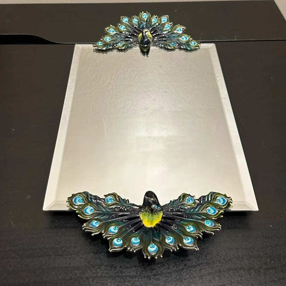 Vintage Enamel Rhinestone Pewter Peacock Mirror Vanity Tray